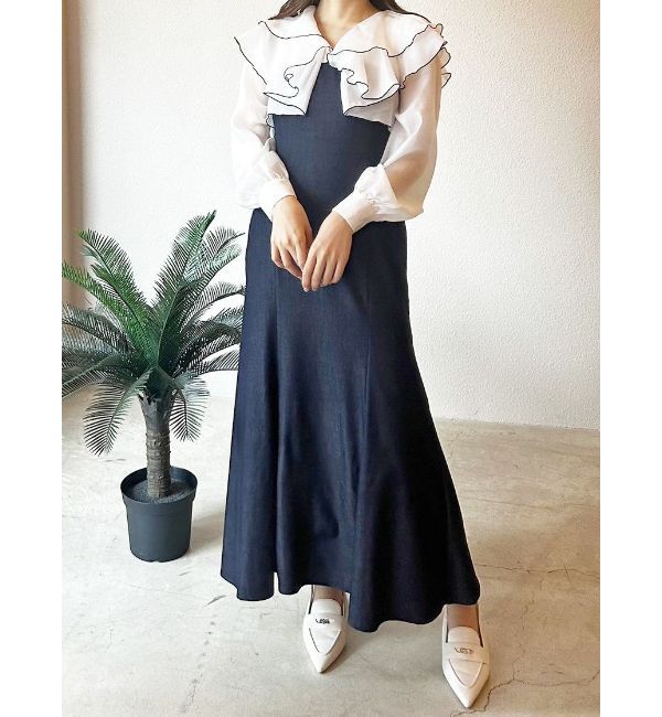 MERCURYDUO「ボリュームラッフル配色ドッキングワンピース」|ワンピース|