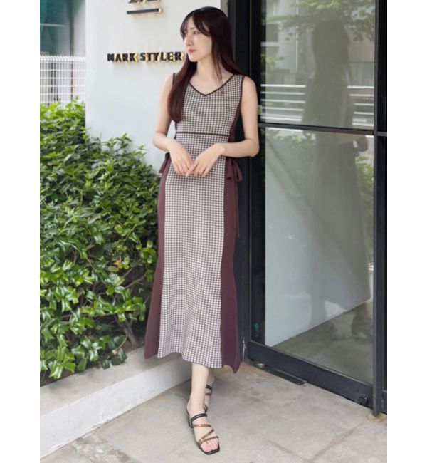 MERCURYDUO「チェックサイドレースアップニットワンピース」|ワンピース|