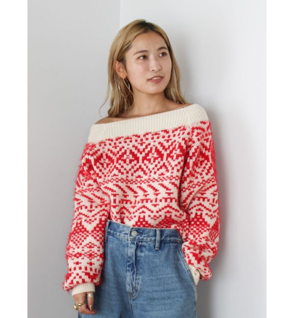 Ungrid「【WEB限定】オフショルジャカードニット」|ニット・セーター|レッド