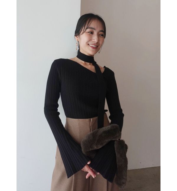 LAGUNAMOON「ボウタイアシンメトリーネックニットプルオーバー」|ニット・セーター|