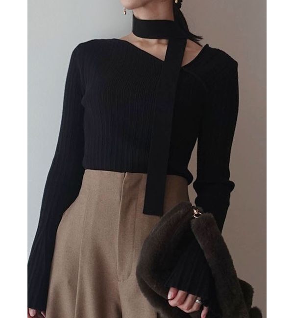 LAGUNAMOON「ボウタイアシンメトリーネックニットプルオーバー」|ニット・セーター|ブラック