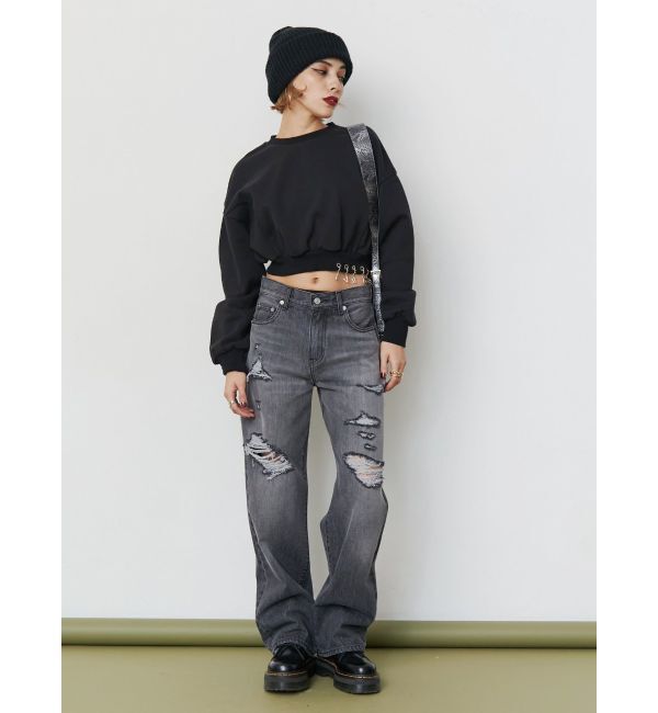 EVRIS「ランダムダメージセミワイドデニムパンツ」|デニム|