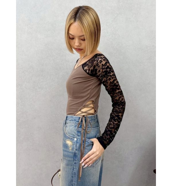 EVRIS「サイドレースアップデザイントップス」|Tシャツ・カットソー|ブラウン