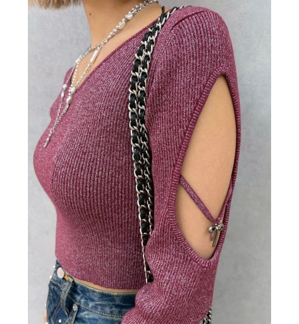 EVRIS「オープンアームラメチャームニットトップス」|ニット・セーター|