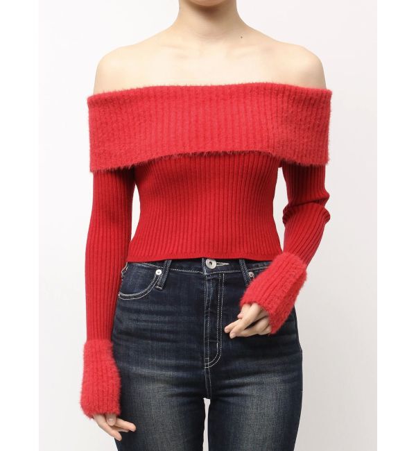 GYDA「mix materialオフショルニットトップス」|ニット・セーター|レッド