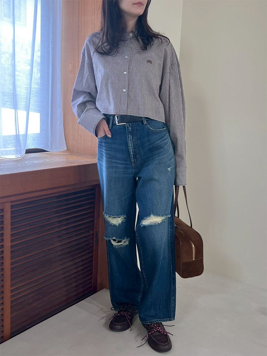 Mila Owen「ダメージ加工ルーズストレートデニムパンツ」|デニム|