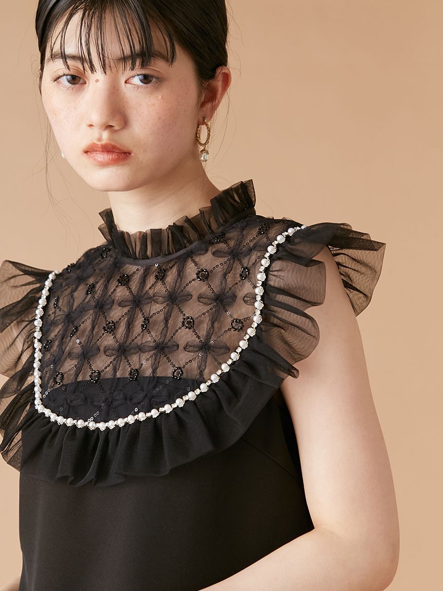 LILY BROWN「[L.B CANDY STOCK]チュールドッキングビジューミニワンピース」|ワンピース|