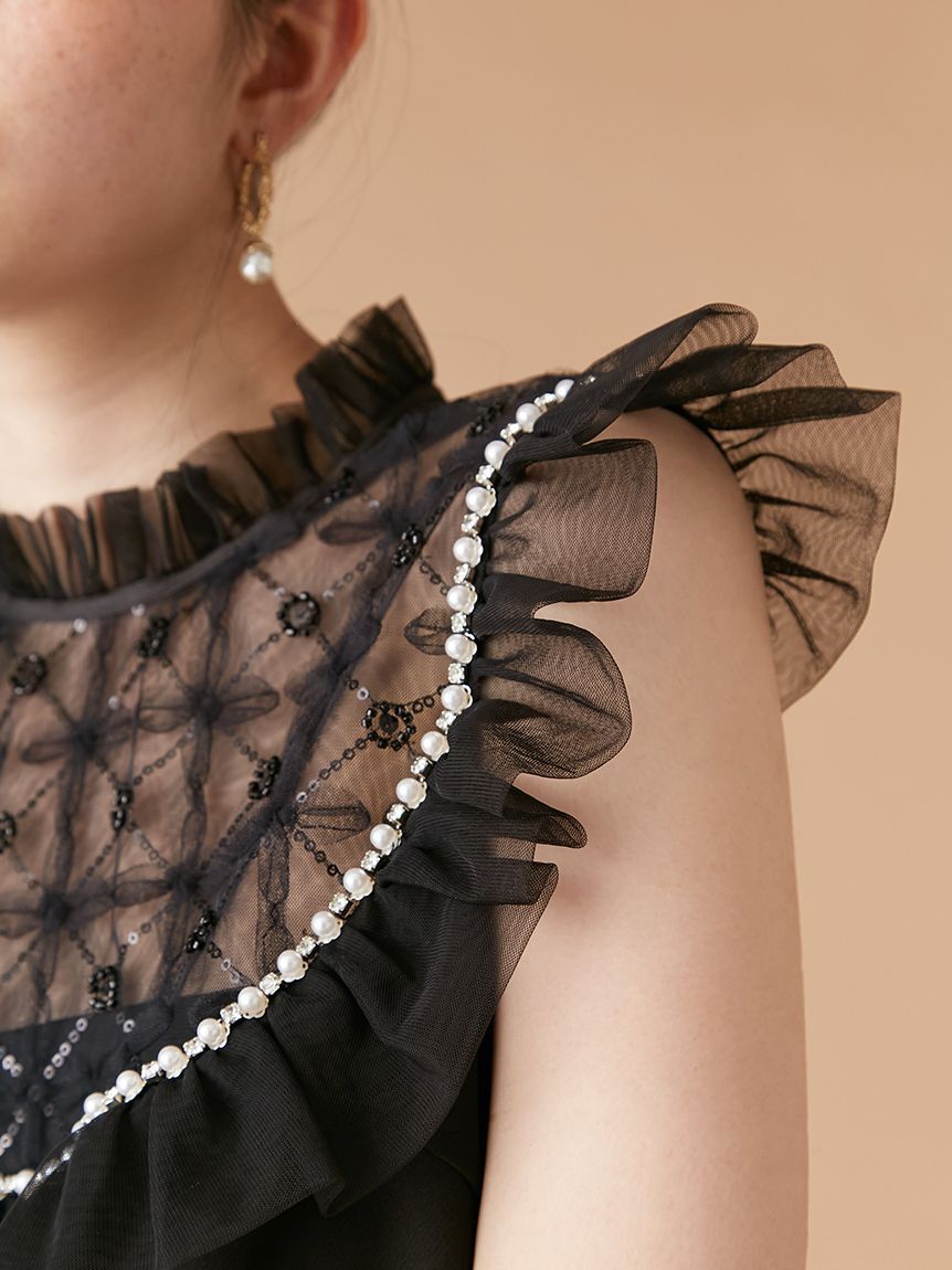 LILY BROWN「[L.B CANDY STOCK]チュールドッキングビジューミニワンピース」|ワンピース|