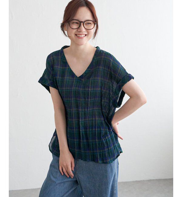 Lbc with Life「テンセル混Vネックブラウス」|シャツ・ブラウス|グリーン