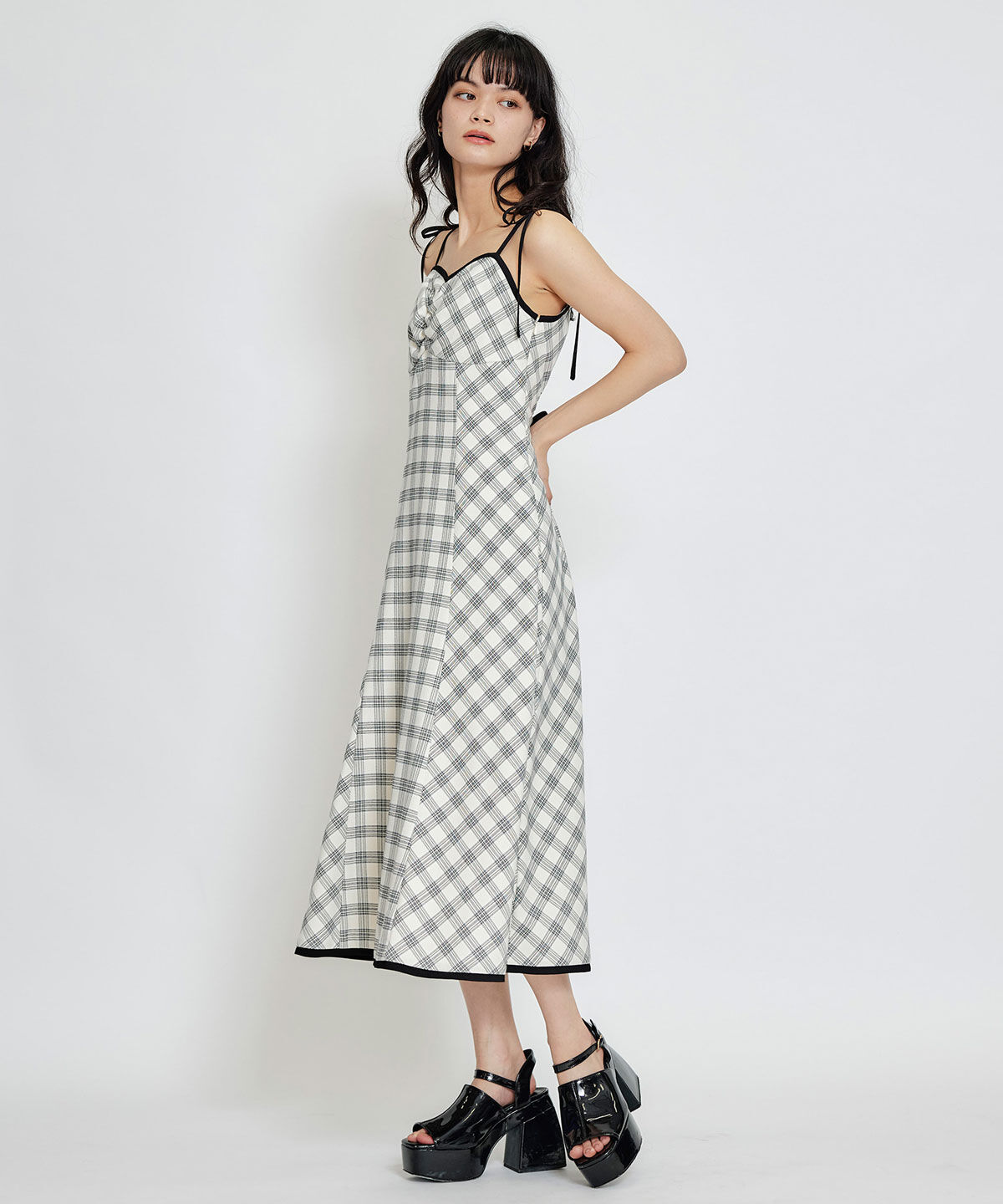 REDYAZEL「パイピングリボンキャミソールチェックフレアロングワンピース」|ワンピース|