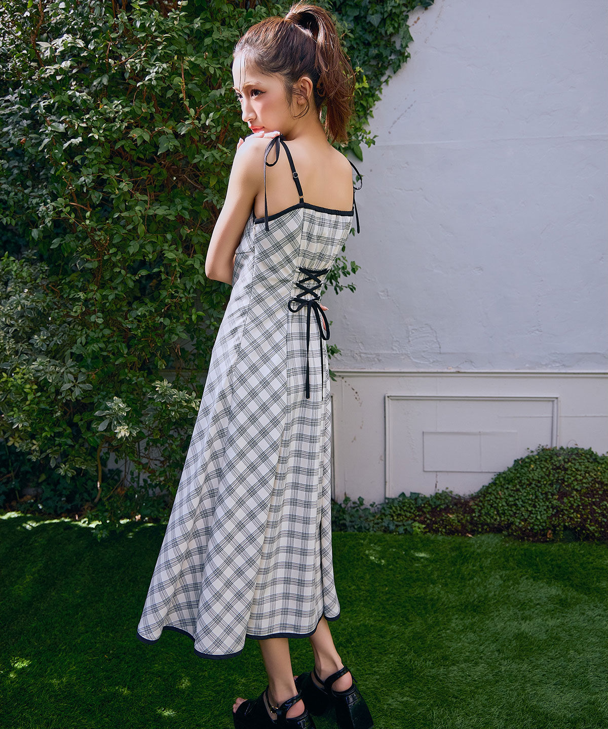 REDYAZEL「パイピングリボンキャミソールチェックフレアロングワンピース」|ワンピース|