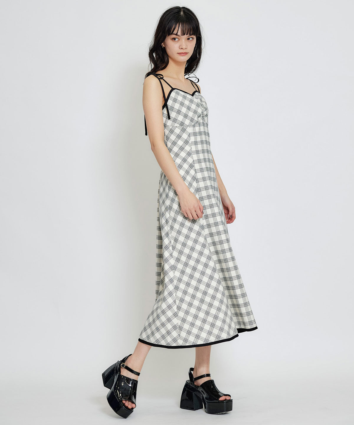REDYAZEL「パイピングリボンキャミソールチェックフレアロングワンピース」|ワンピース|