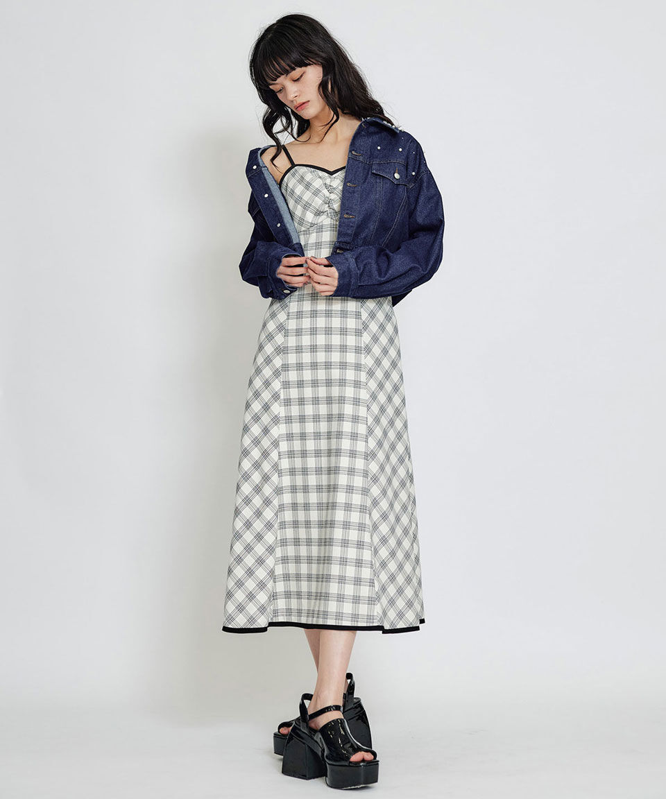 REDYAZEL「パイピングリボンキャミソールチェックフレアロングワンピース」|ワンピース|