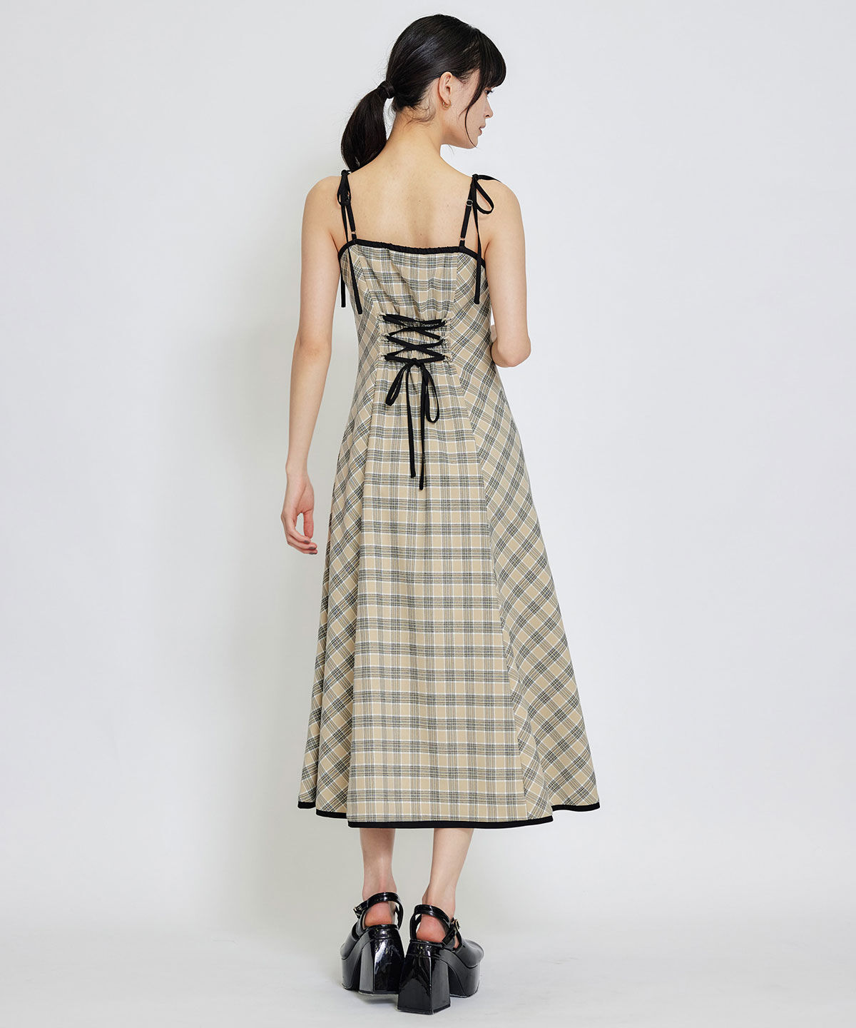 REDYAZEL「パイピングリボンキャミソールチェックフレアロングワンピース」|ワンピース|