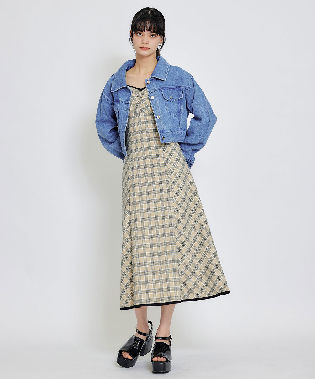 REDYAZEL「パイピングリボンキャミソールチェックフレアロングワンピース」|ワンピース|