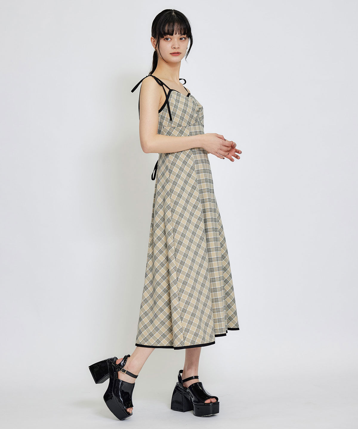 REDYAZEL「パイピングリボンキャミソールチェックフレアロングワンピース」|ワンピース|
