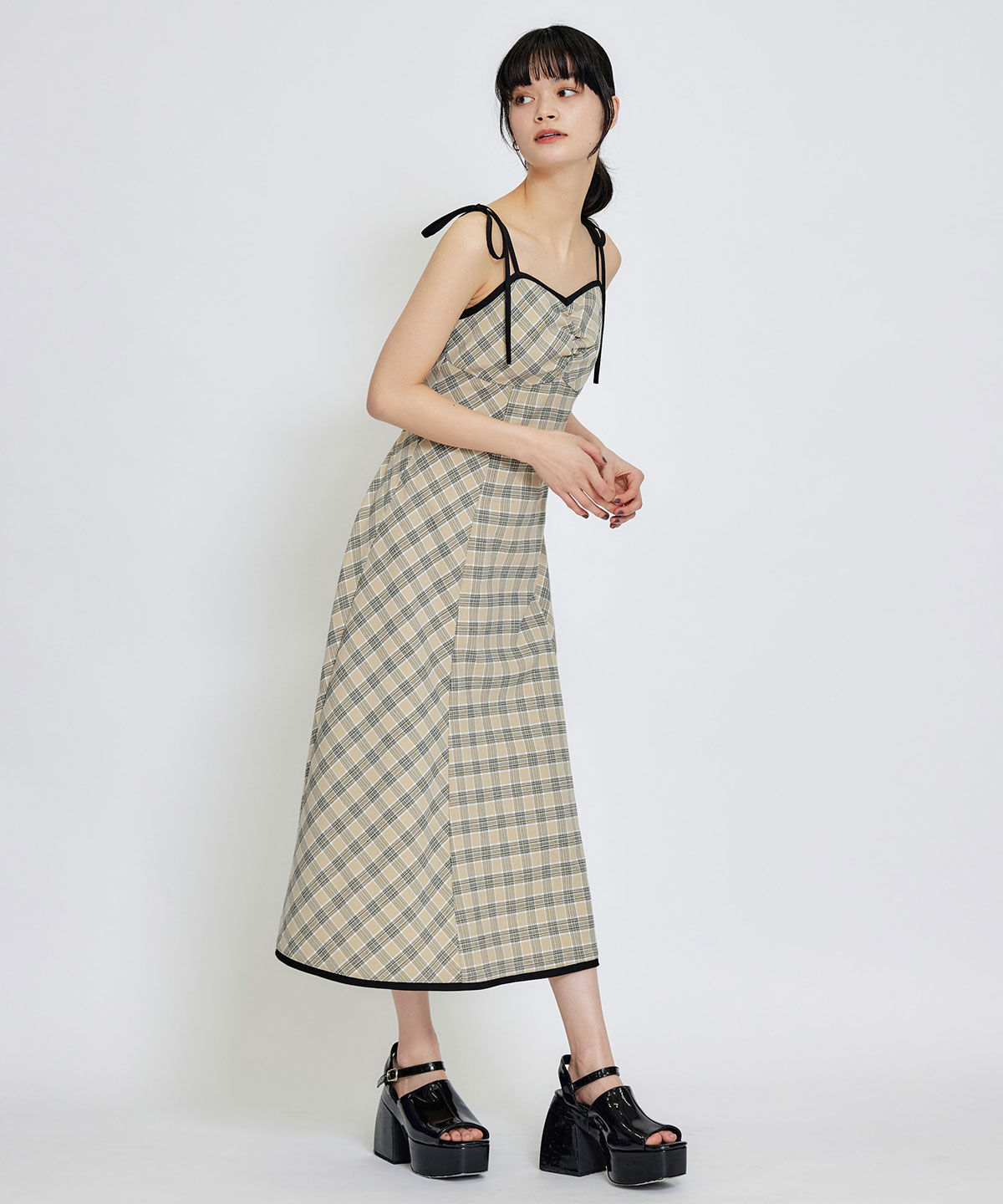 REDYAZEL「パイピングリボンキャミソールチェックフレアロングワンピース」|ワンピース|