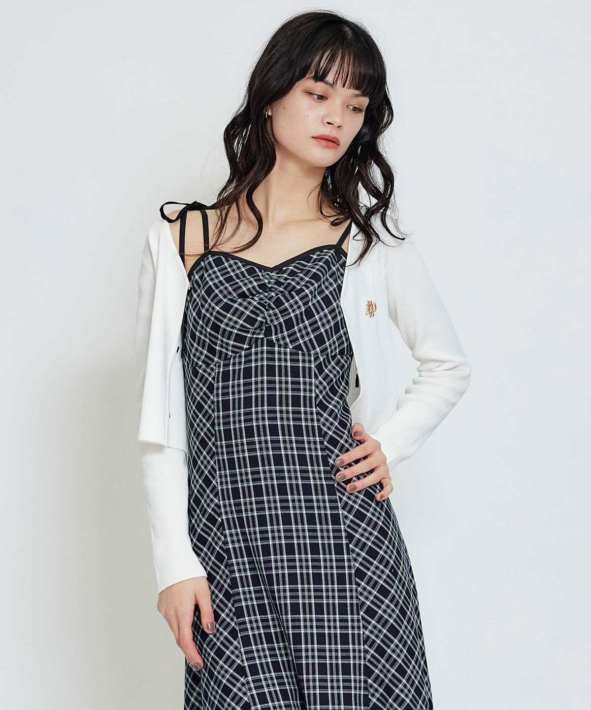 REDYAZEL「パイピングリボンキャミソールチェックフレアロングワンピース」|ワンピース|