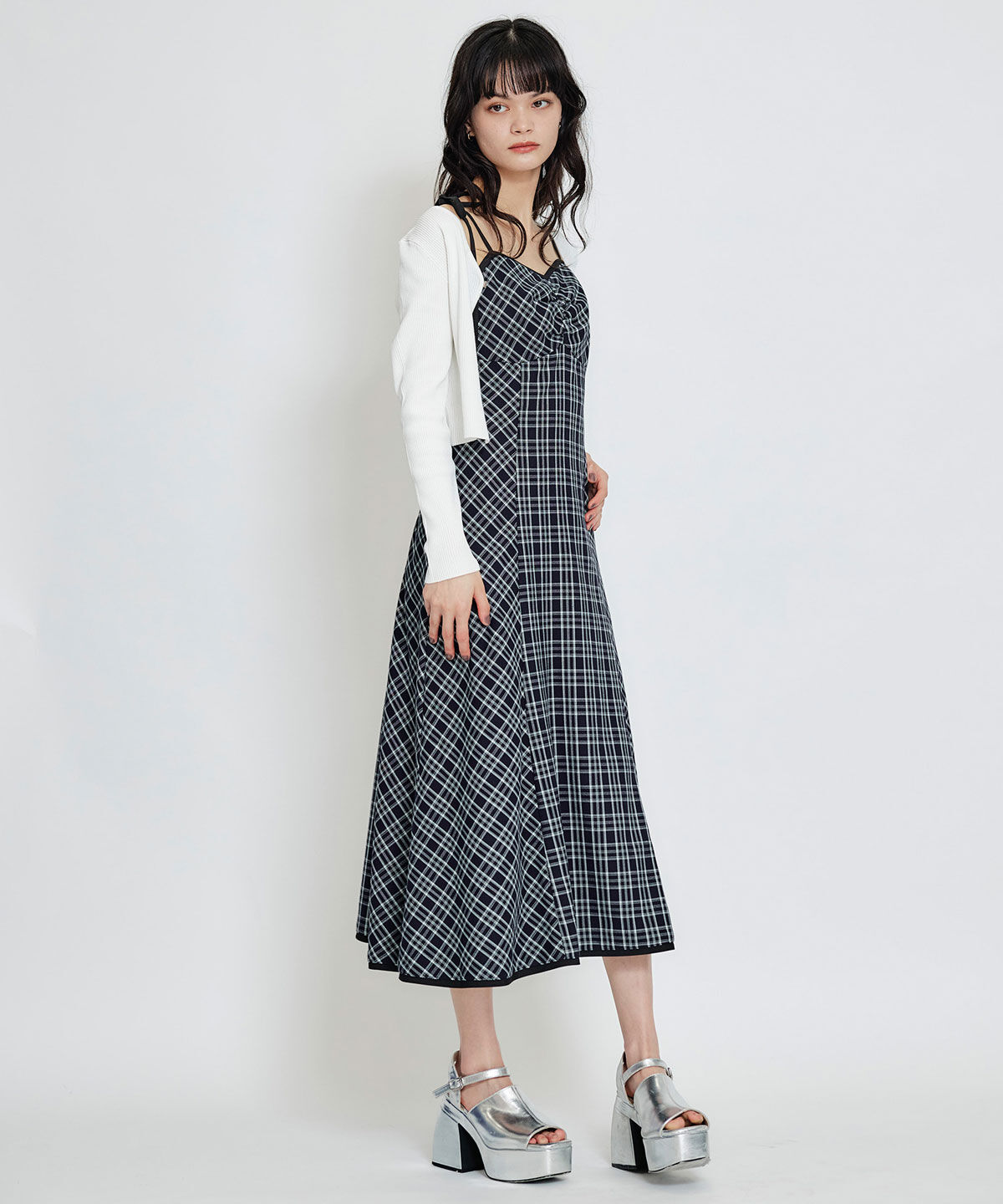 REDYAZEL「パイピングリボンキャミソールチェックフレアロングワンピース」|ワンピース|