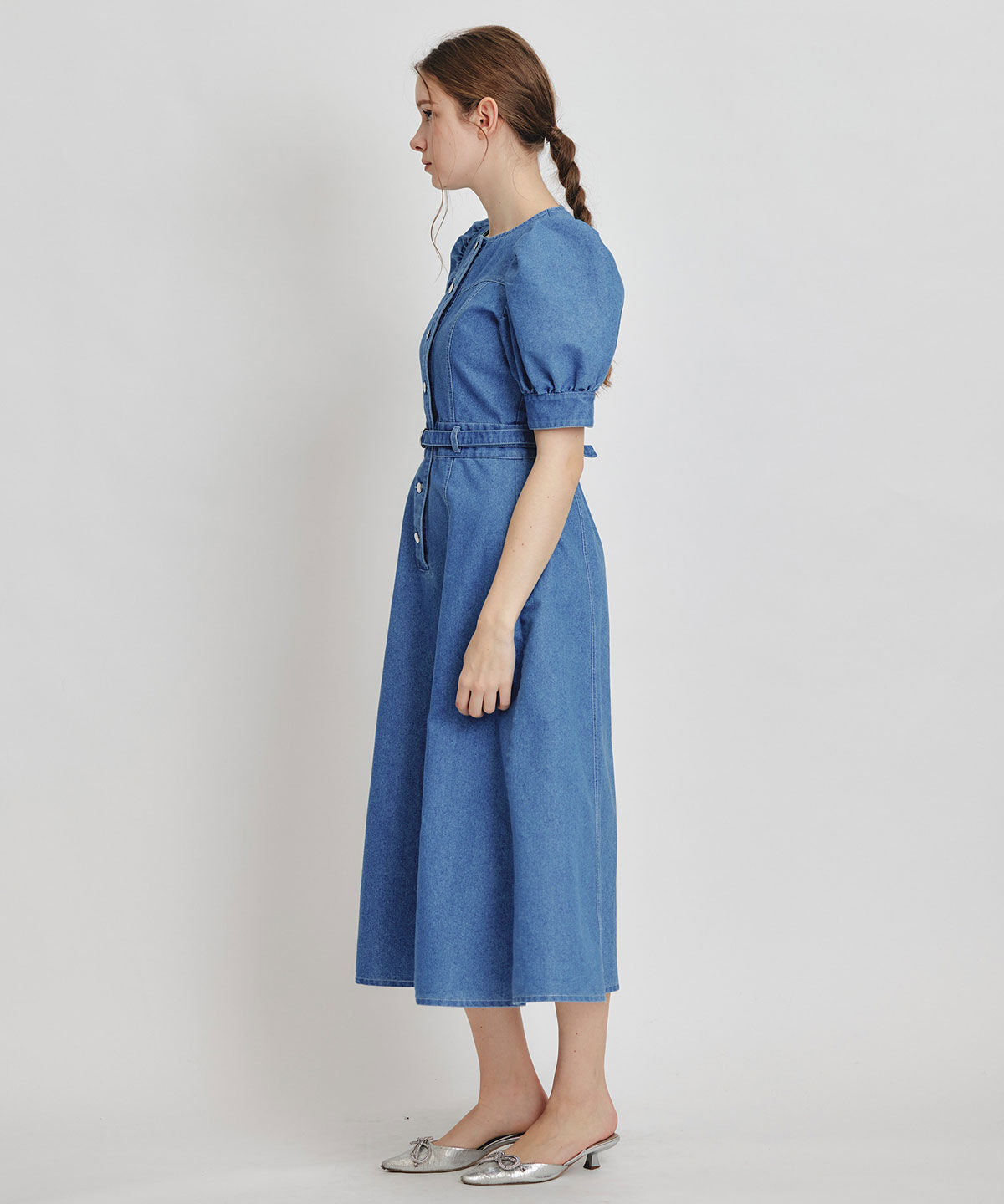 REDYAZEL「ノーカラーデニムパフフレアロングワンピース」|ワンピース|