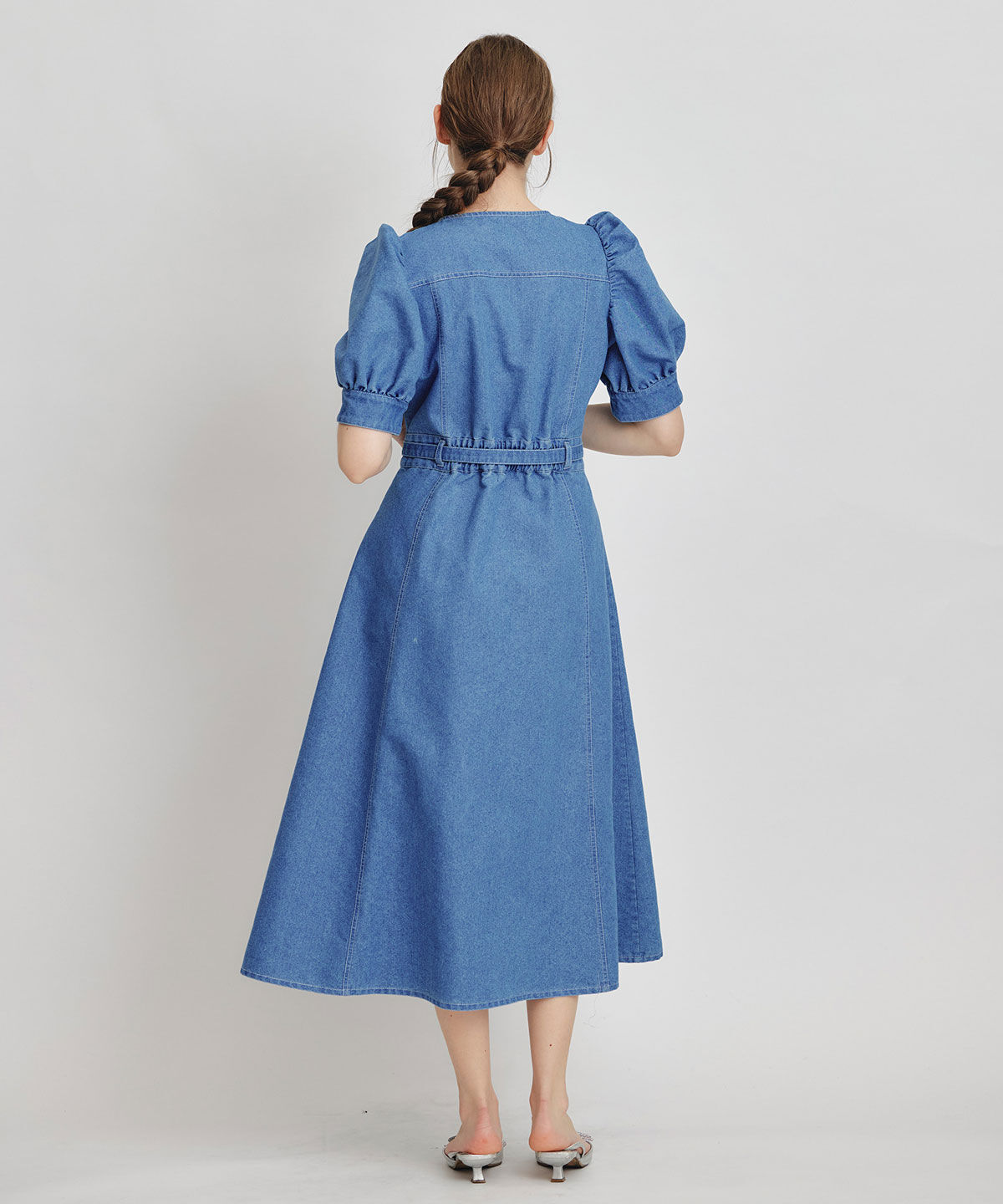 REDYAZEL「ノーカラーデニムパフフレアロングワンピース」|ワンピース|