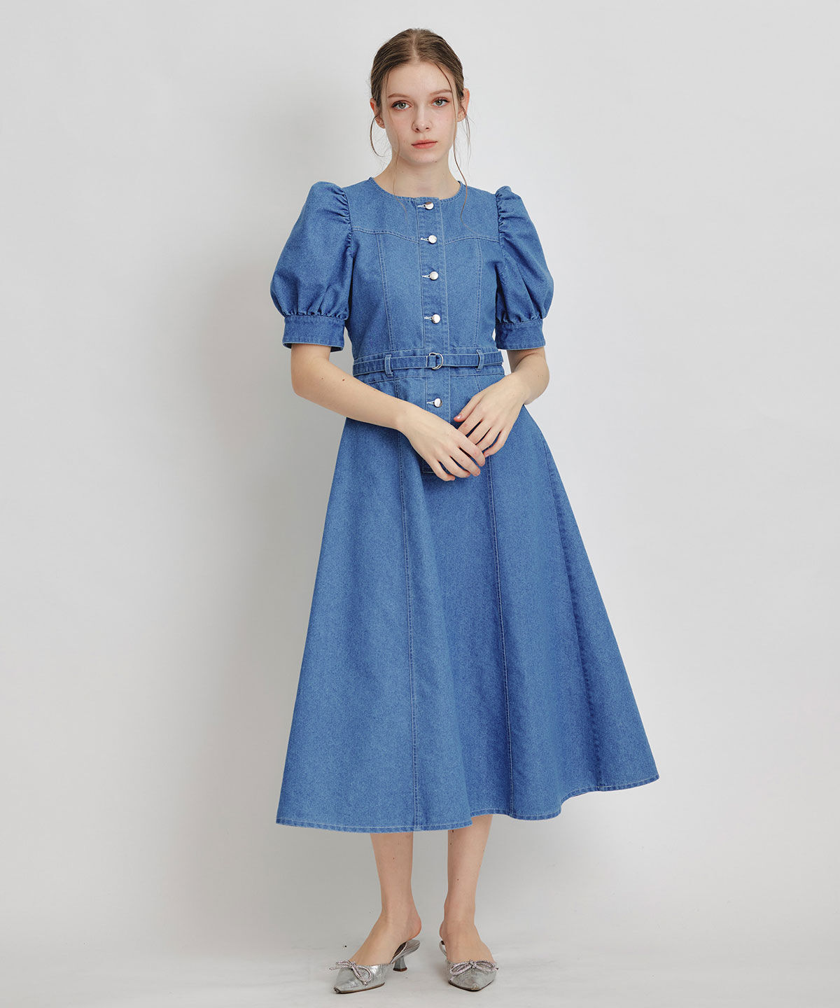 REDYAZEL「ノーカラーデニムパフフレアロングワンピース」|ワンピース|