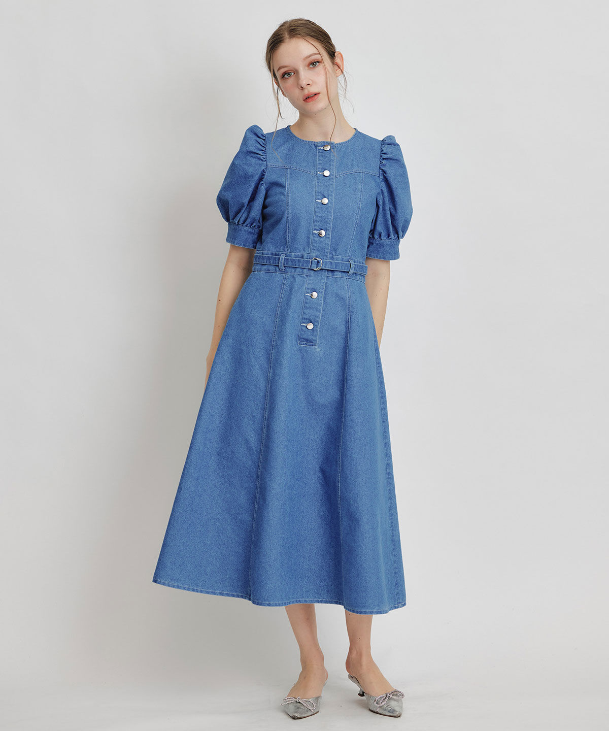 REDYAZEL「ノーカラーデニムパフフレアロングワンピース」|ワンピース|