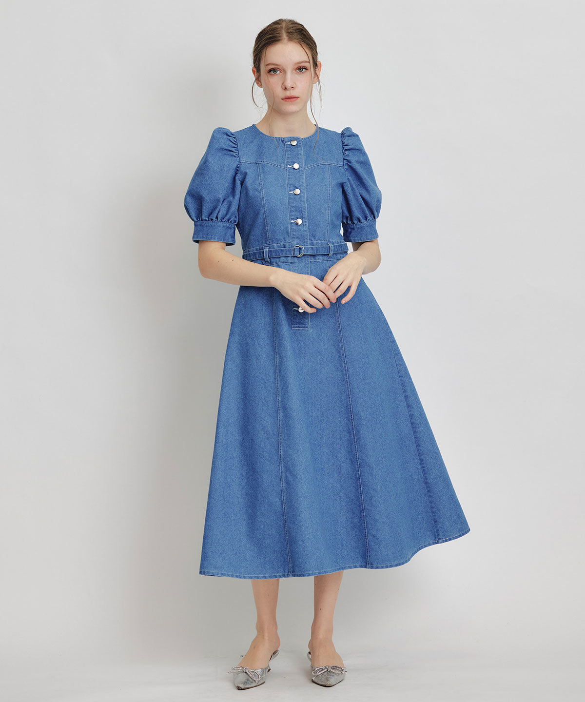 REDYAZEL「ノーカラーデニムパフフレアロングワンピース」|ワンピース|