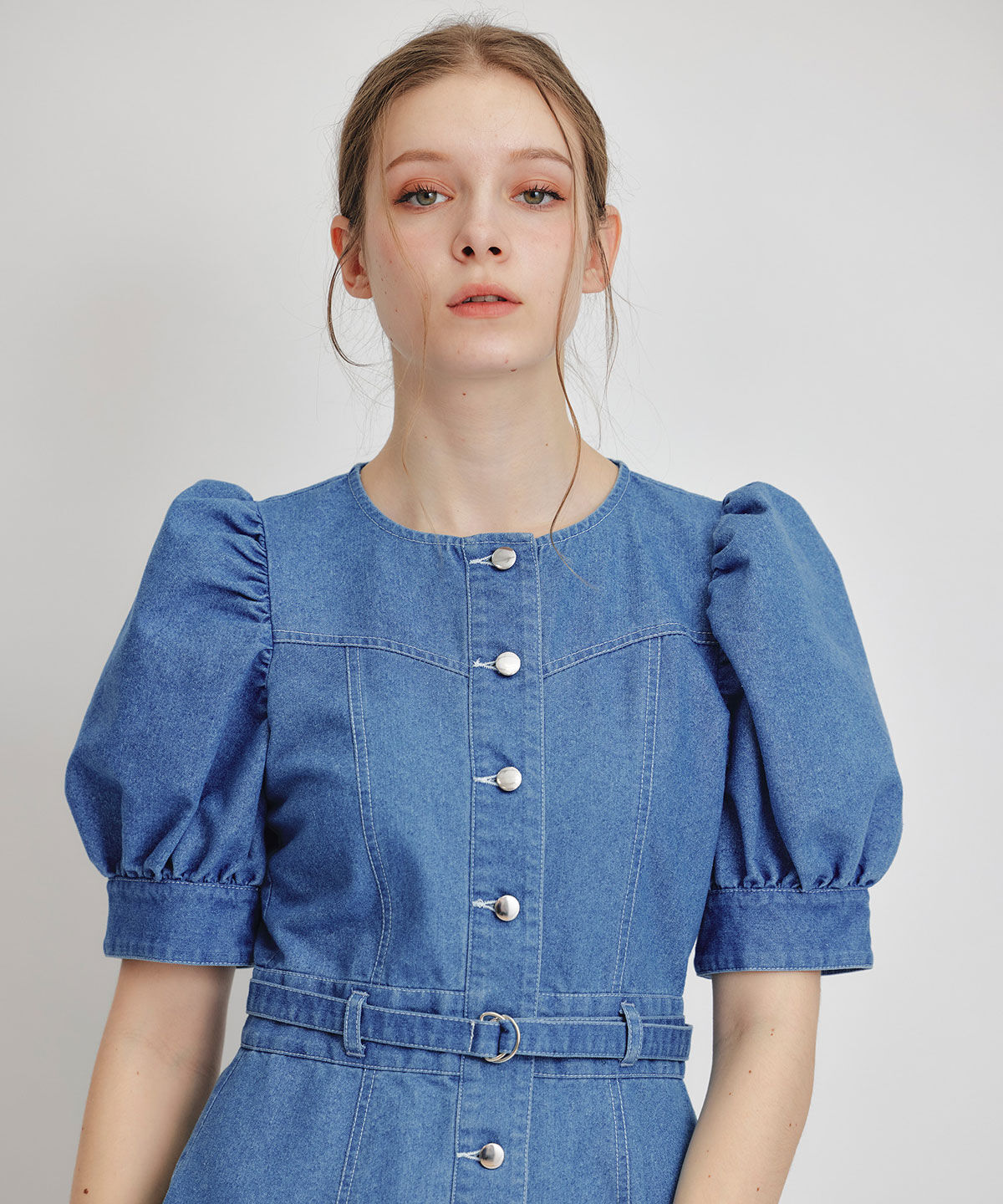 REDYAZEL「ノーカラーデニムパフフレアロングワンピース」|ワンピース|