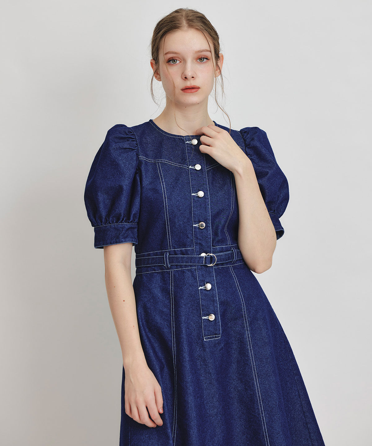 REDYAZEL「ノーカラーデニムパフフレアロングワンピース」|ワンピース|