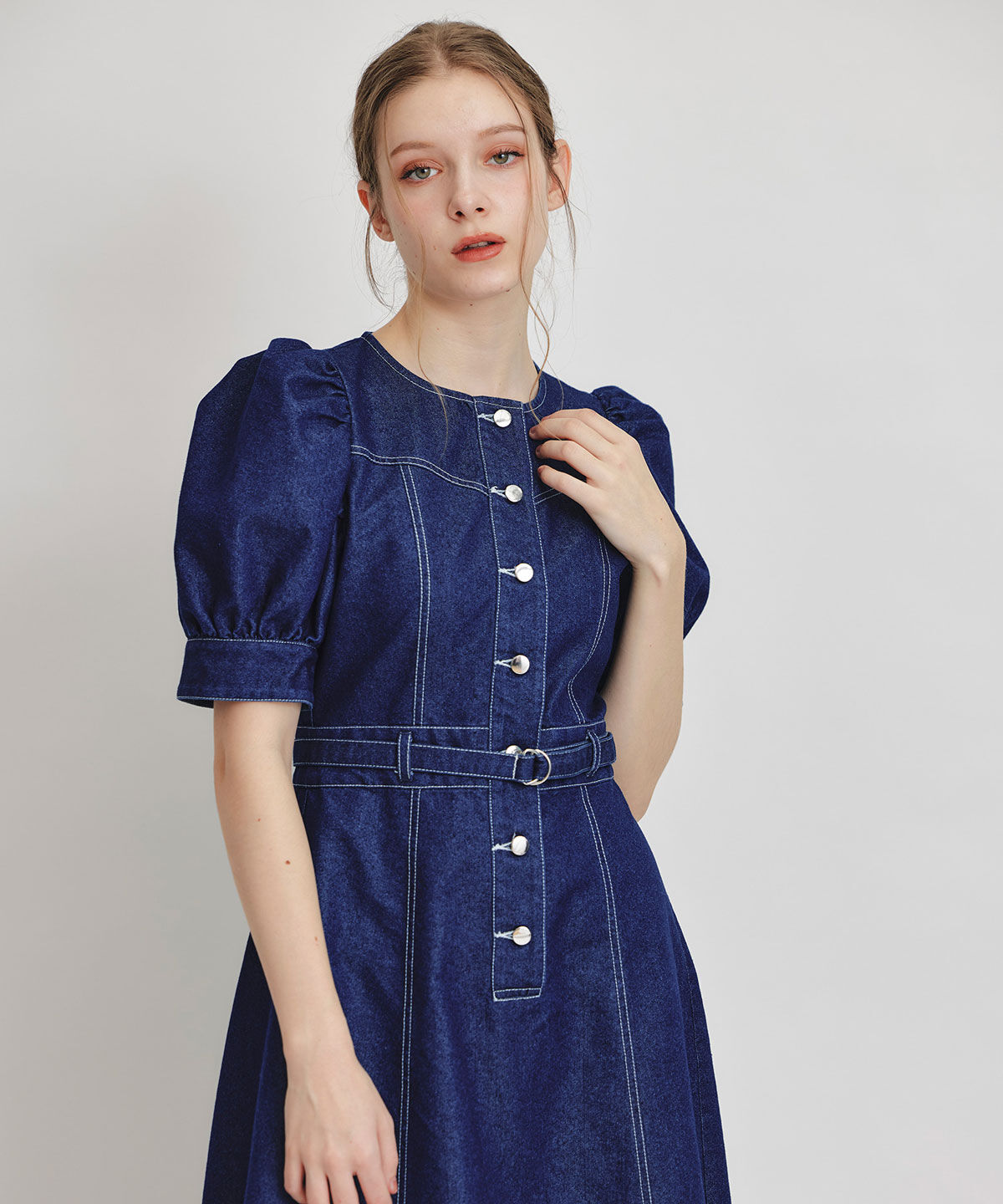 REDYAZEL「ノーカラーデニムパフフレアロングワンピース」|ワンピース|