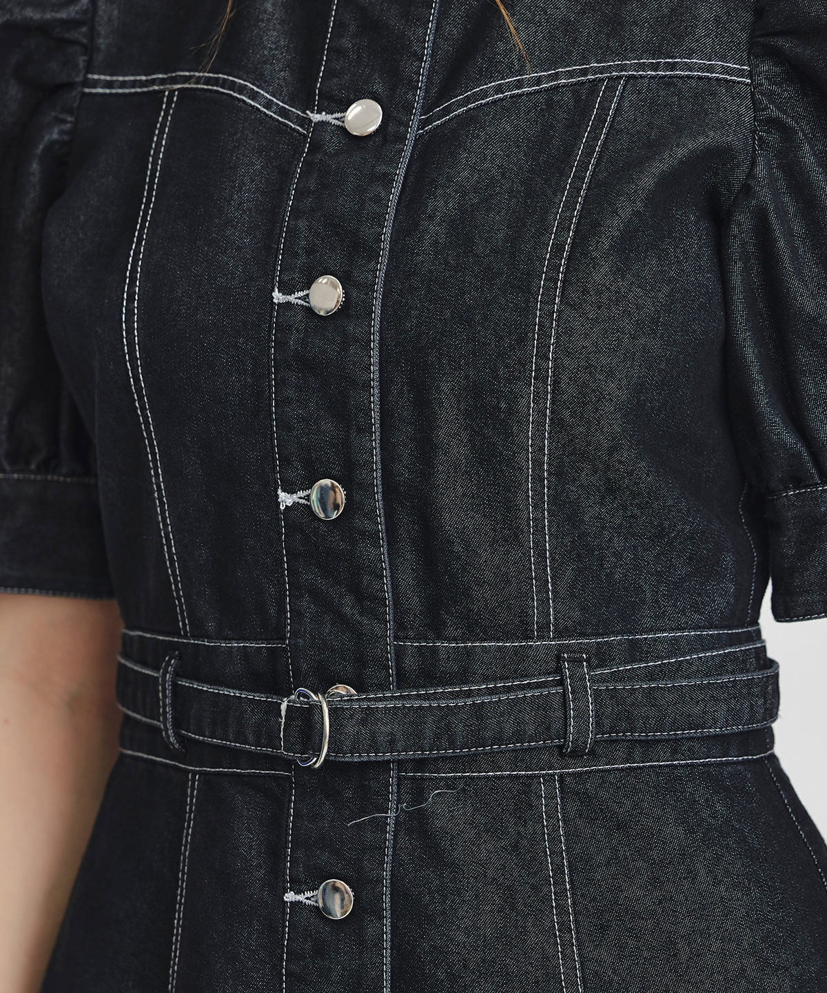 REDYAZEL「ノーカラーデニムパフフレアロングワンピース」|ワンピース|