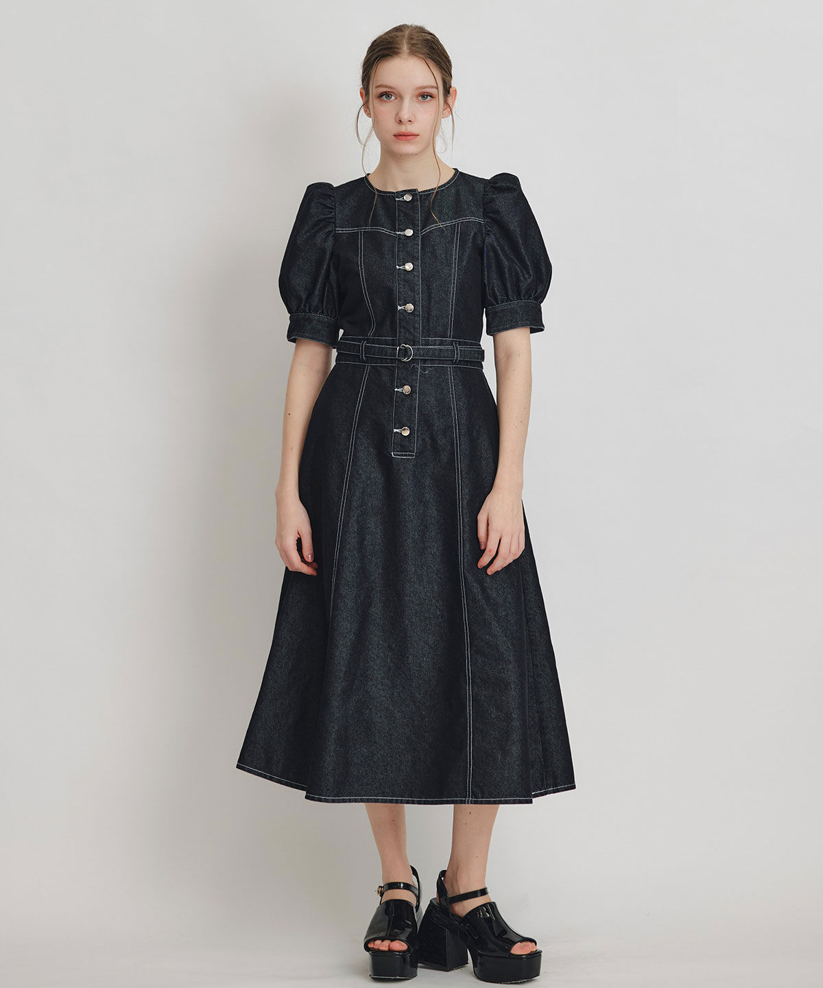 REDYAZEL「ノーカラーデニムパフフレアロングワンピース」|ワンピース|