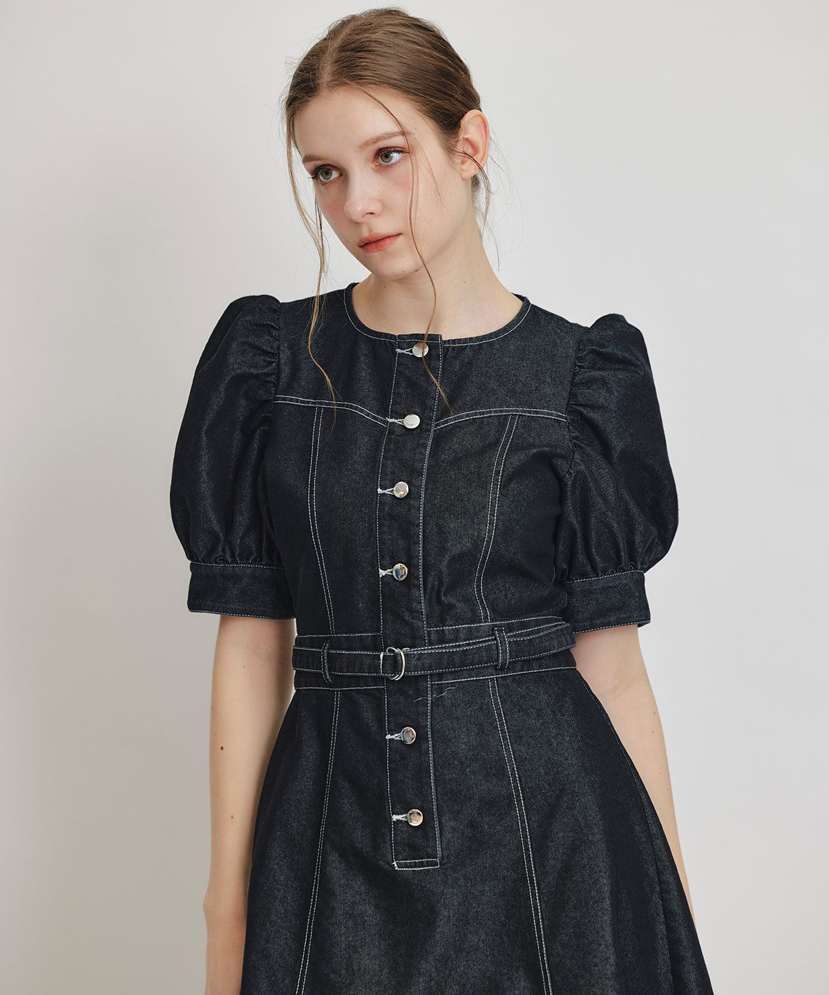 REDYAZEL「ノーカラーデニムパフフレアロングワンピース」|ワンピース|