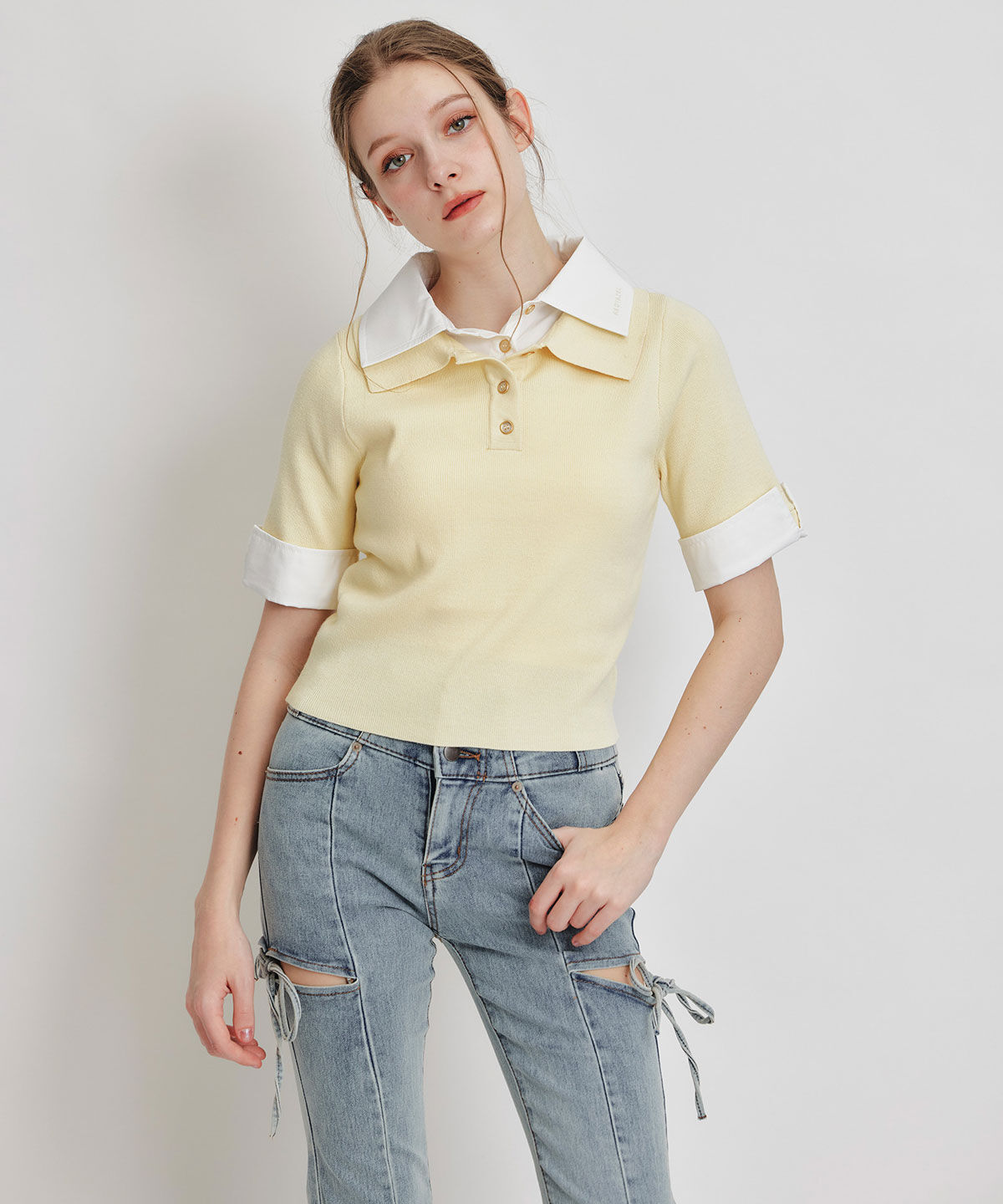 REDYAZEL「ダブルカラーハーフスリーブニットプルオーバー」|ニット・セーター|