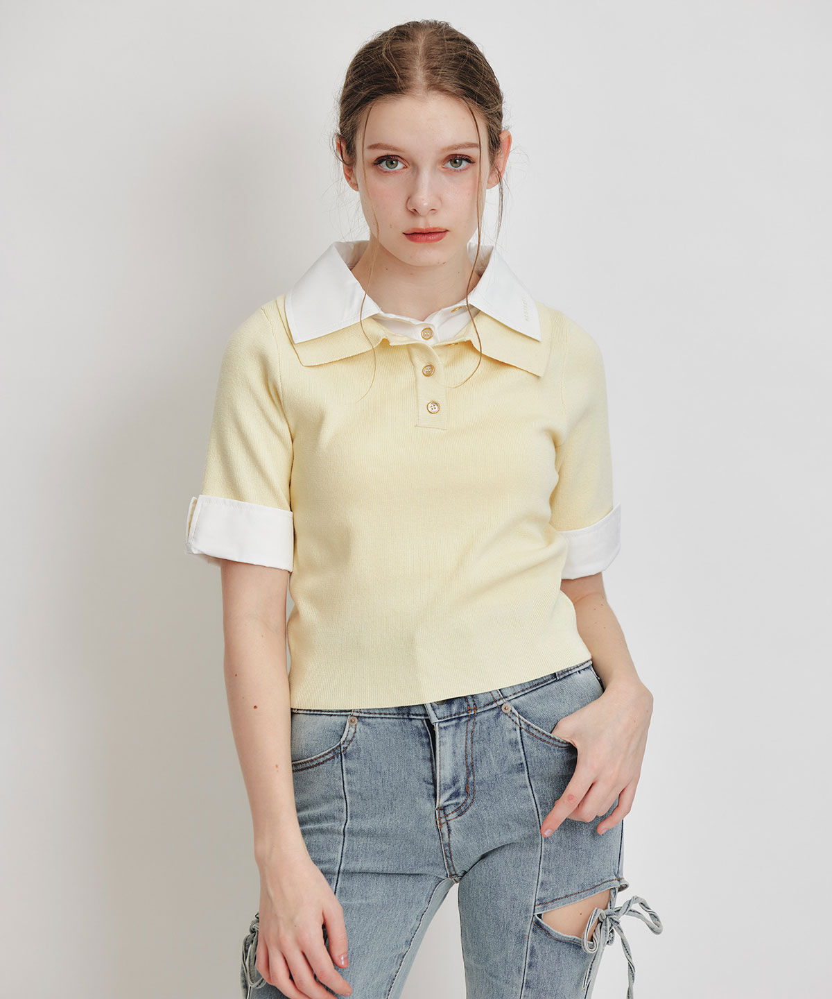 REDYAZEL「ダブルカラーハーフスリーブニットプルオーバー」|ニット・セーター|