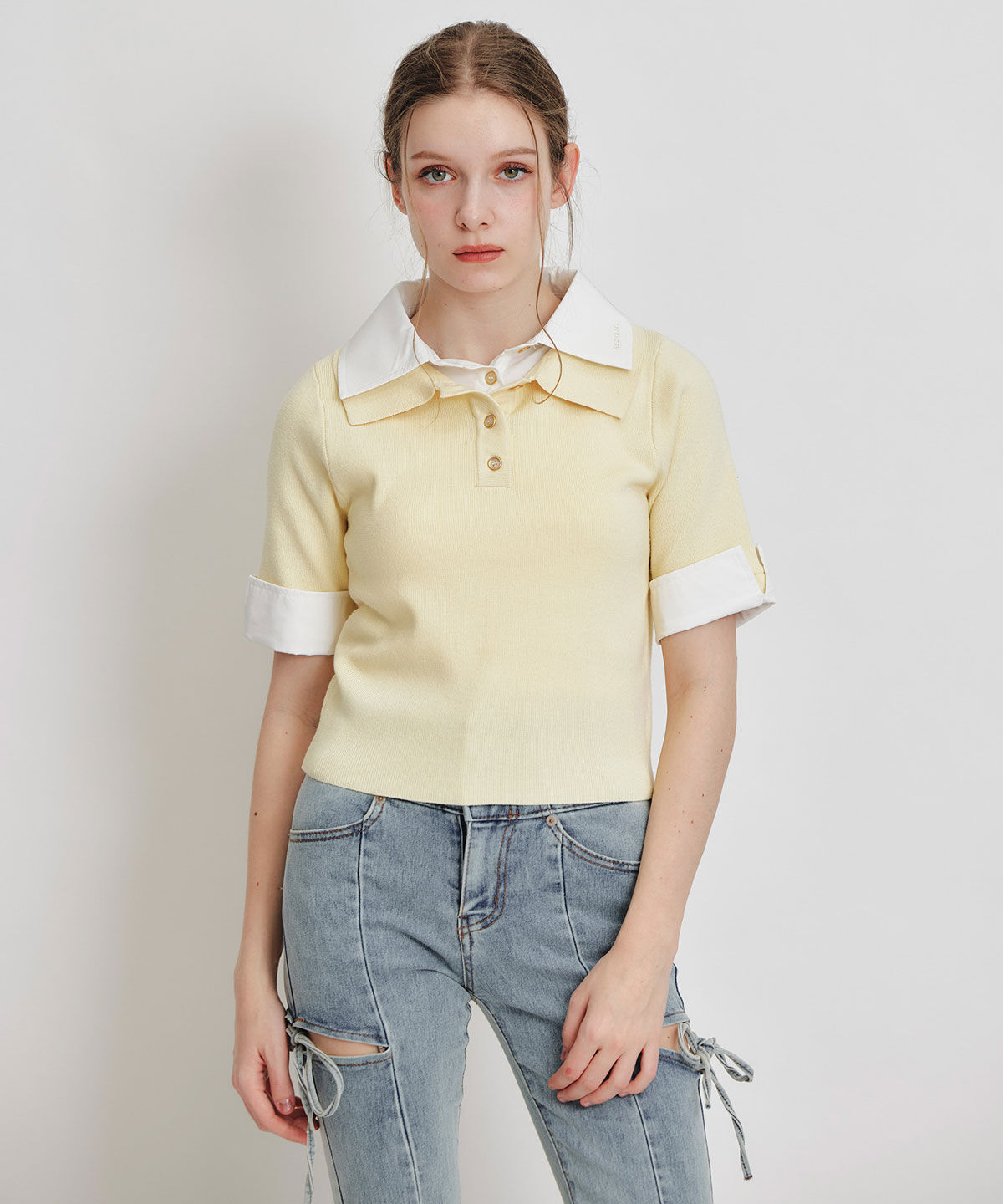 REDYAZEL「ダブルカラーハーフスリーブニットプルオーバー」|ニット・セーター|