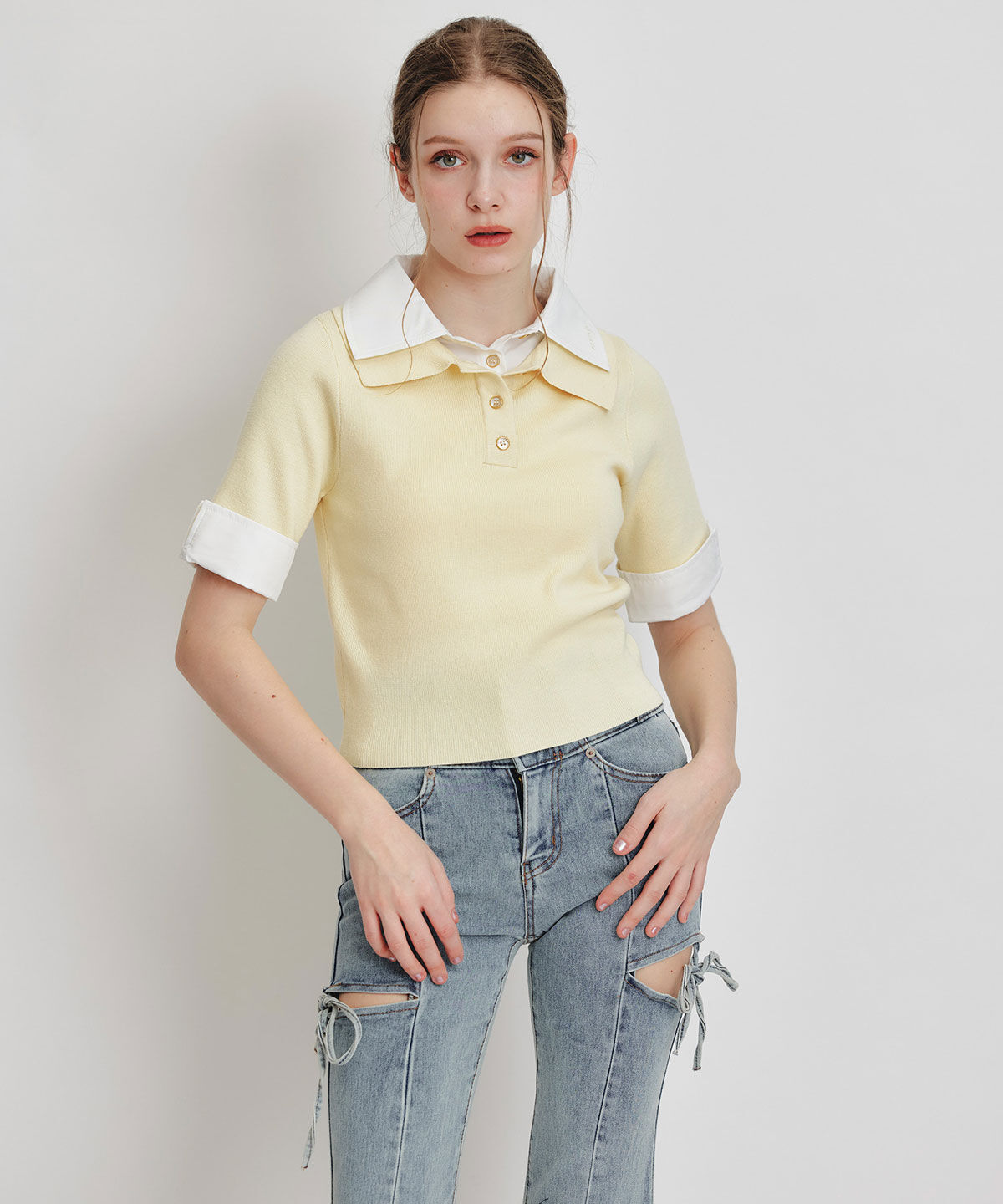 REDYAZEL「ダブルカラーハーフスリーブニットプルオーバー」|ニット・セーター|