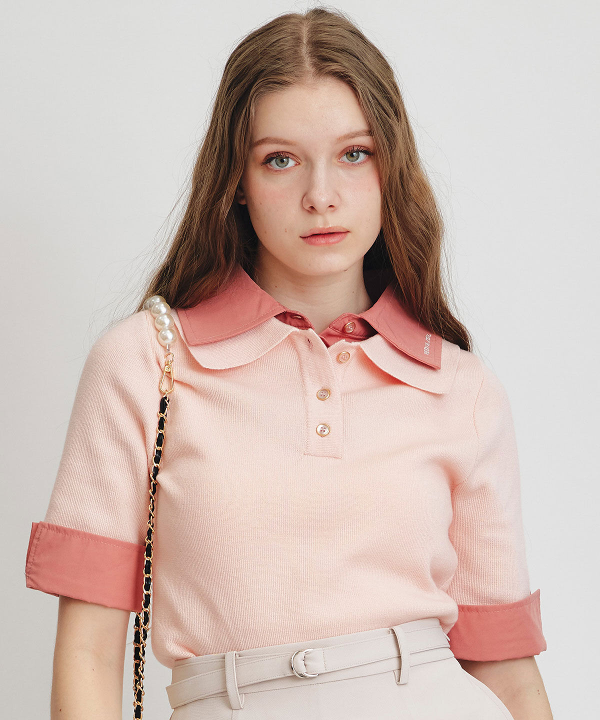 REDYAZEL「ダブルカラーハーフスリーブニットプルオーバー」|ニット・セーター|ピンク