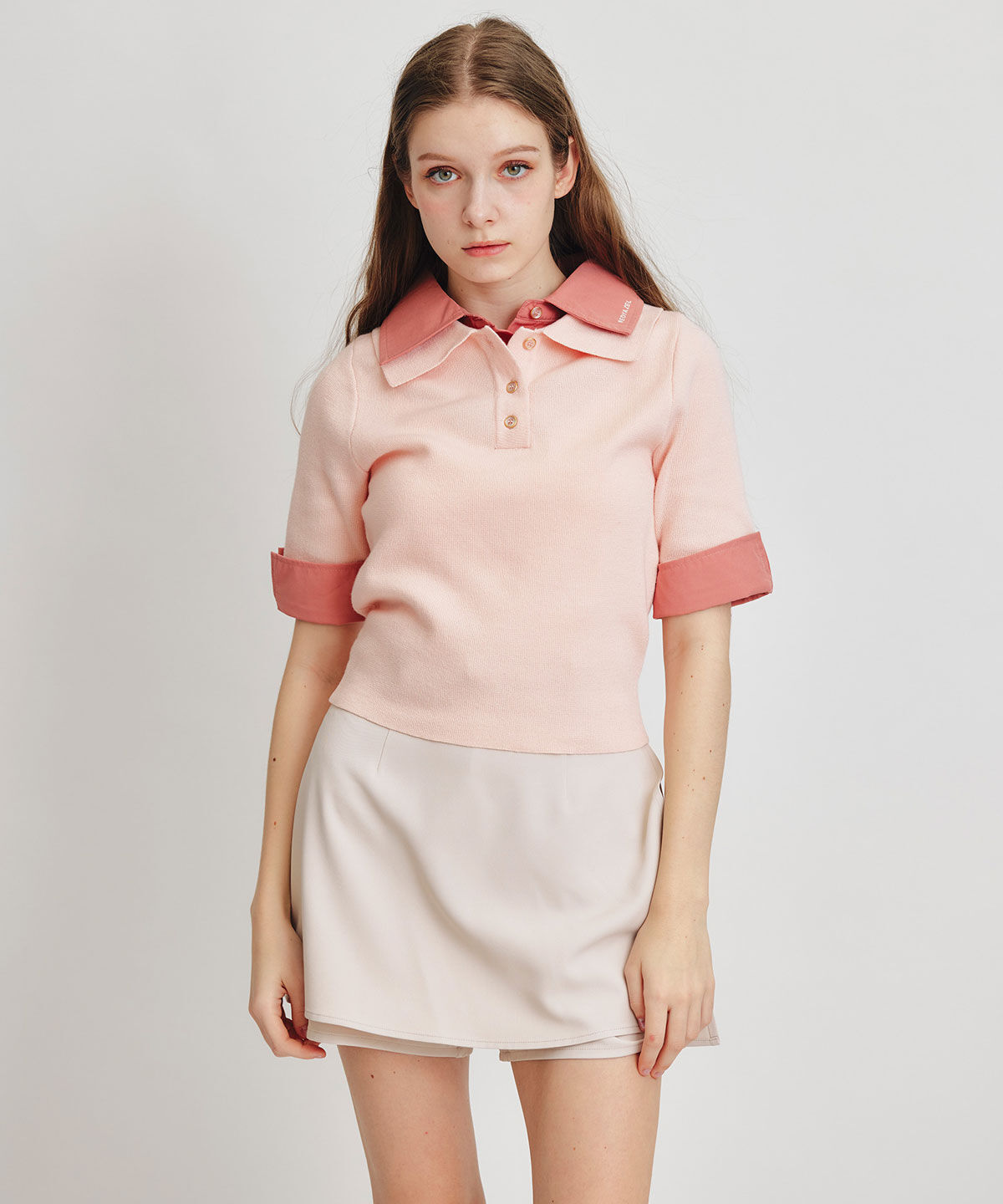 REDYAZEL「ダブルカラーハーフスリーブニットプルオーバー」|ニット・セーター|