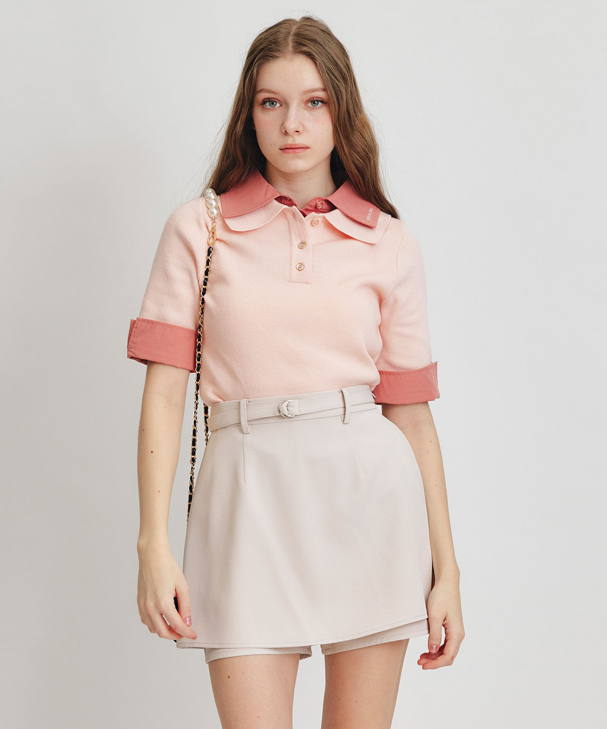 REDYAZEL「ダブルカラーハーフスリーブニットプルオーバー」|ニット・セーター|