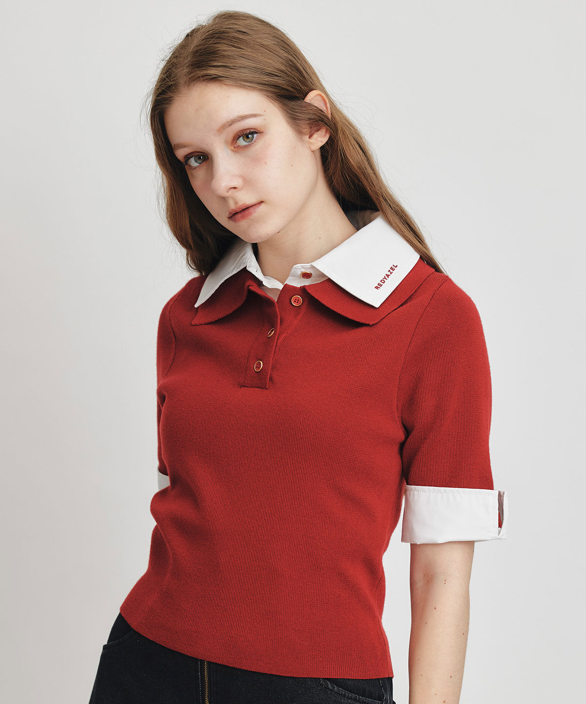 REDYAZEL「ダブルカラーハーフスリーブニットプルオーバー」|ニット・セーター|レッド