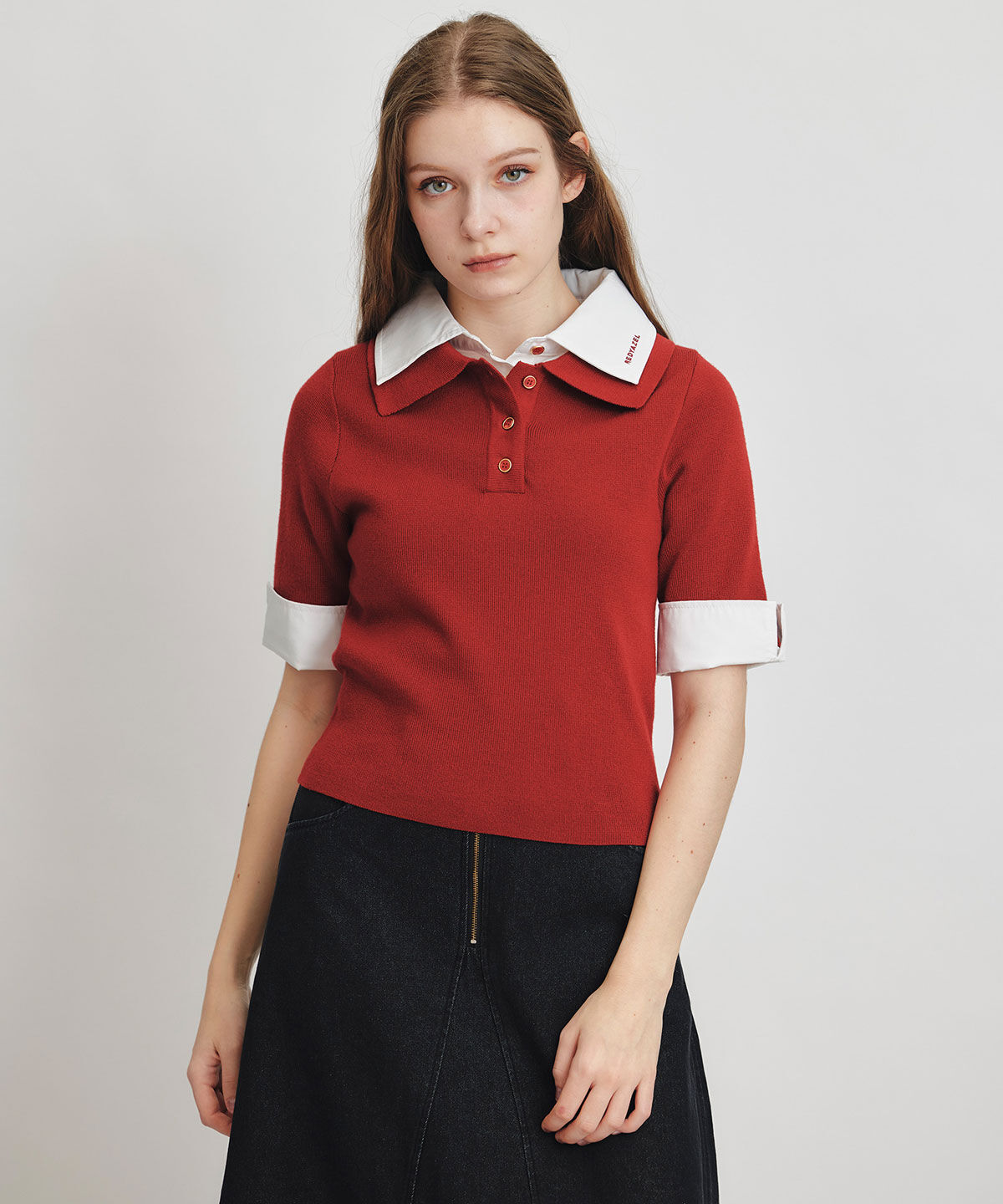 REDYAZEL「ダブルカラーハーフスリーブニットプルオーバー」|ニット・セーター|