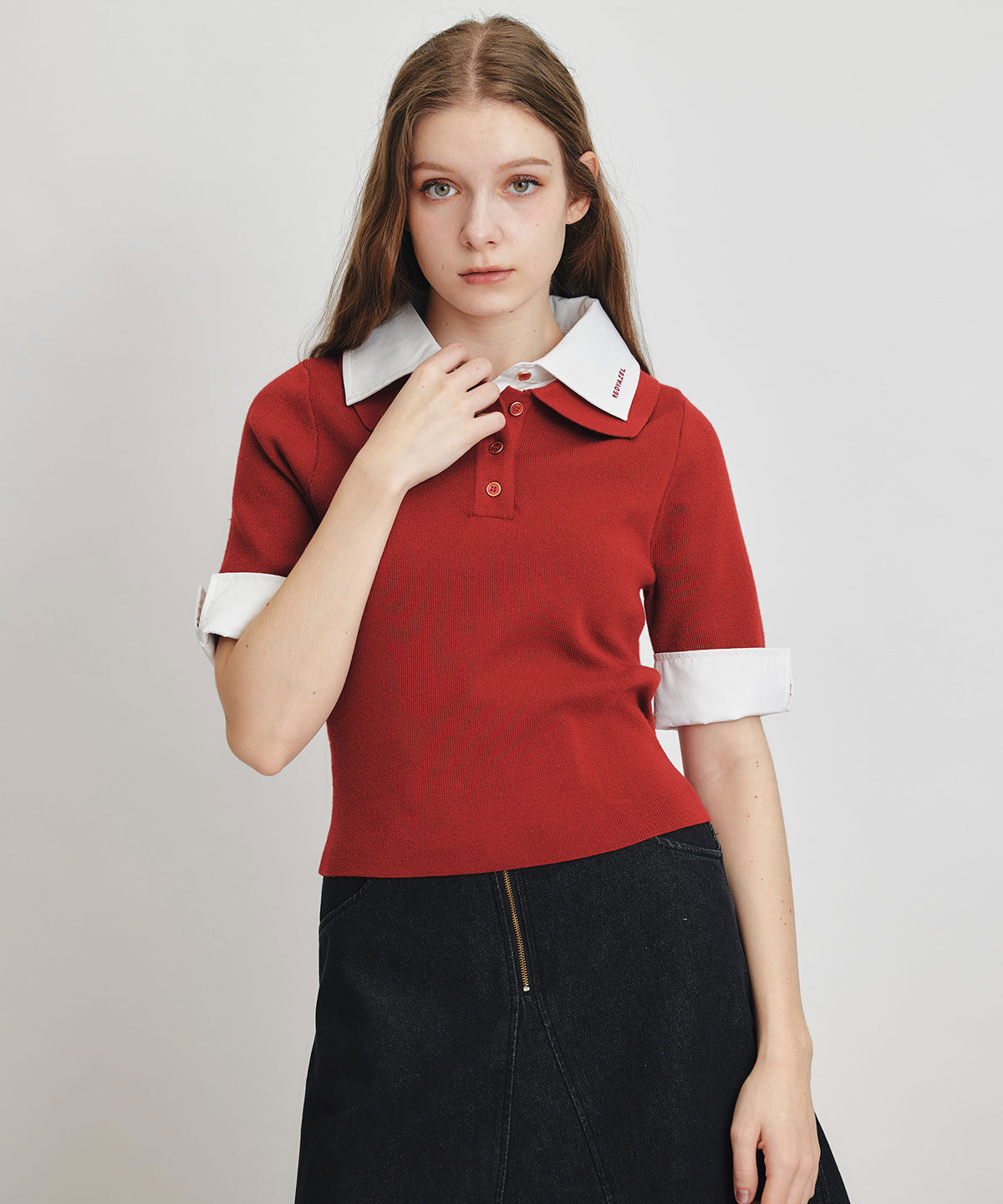 REDYAZEL「ダブルカラーハーフスリーブニットプルオーバー」|ニット・セーター|