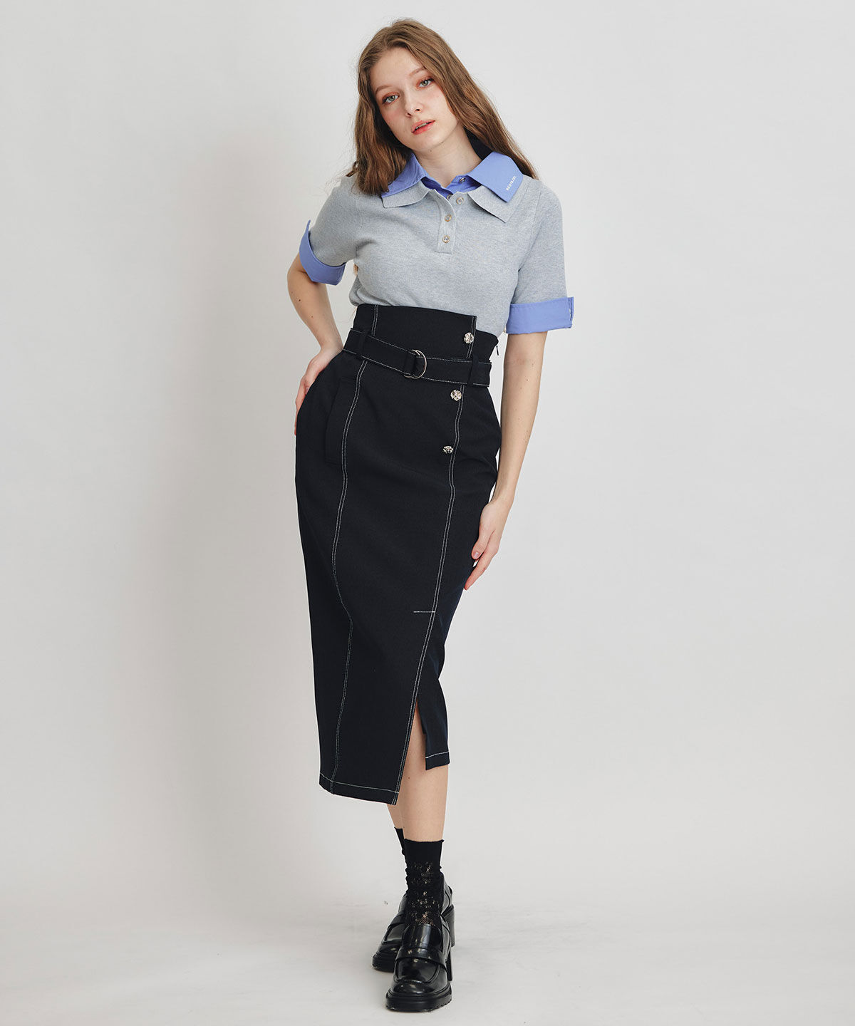 REDYAZEL「ダブルカラーハーフスリーブニットプルオーバー」|ニット・セーター|