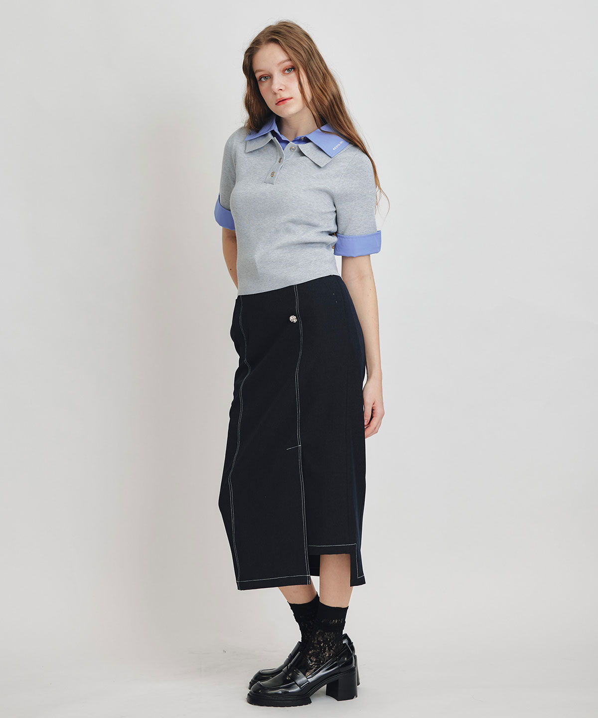 REDYAZEL「ダブルカラーハーフスリーブニットプルオーバー」|ニット・セーター|