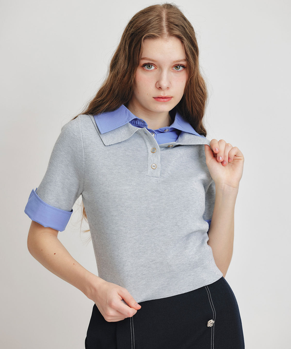 REDYAZEL「ダブルカラーハーフスリーブニットプルオーバー」|ニット・セーター|