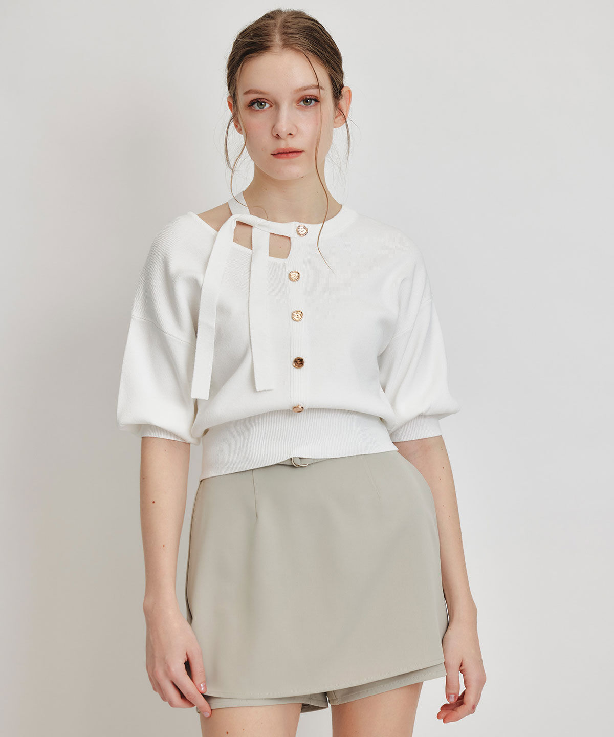 REDYAZEL「アシメカットデザインハーフスリーブニットプルオーバー」|ニット・セーター|