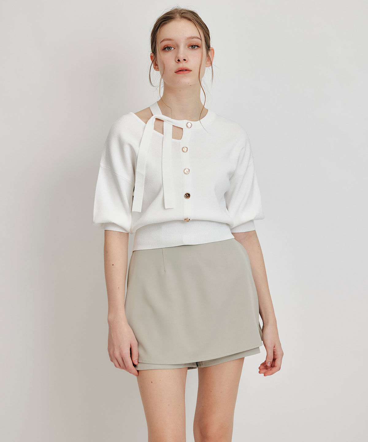 REDYAZEL「アシメカットデザインハーフスリーブニットプルオーバー」|ニット・セーター|