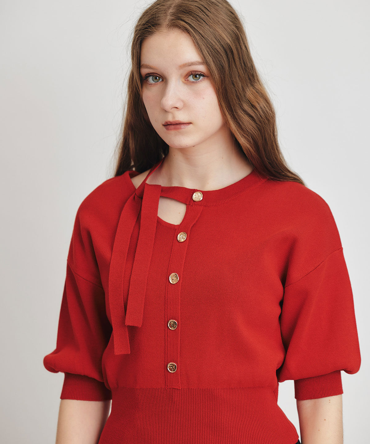 REDYAZEL「アシメカットデザインハーフスリーブニットプルオーバー」|ニット・セーター|レッド